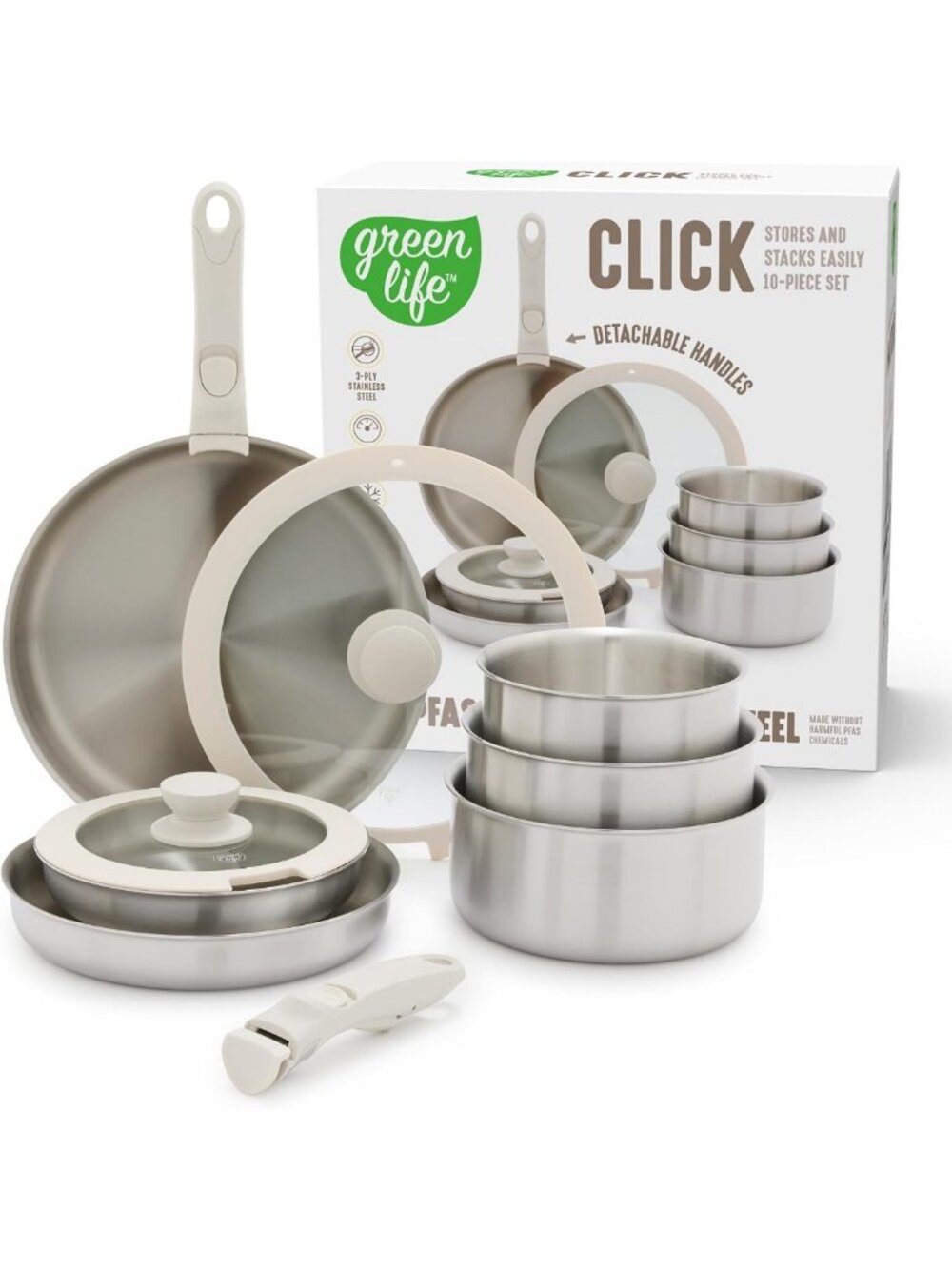GreenLife 10 Piece Stainless Steel Pots and Pans, Detachable & Stackable Kitchen